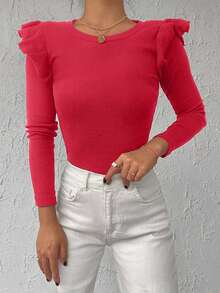 EURMUSE 95% Cotton Ribbed Knit Ruffle Trim Tee - Hot Pink - View 6