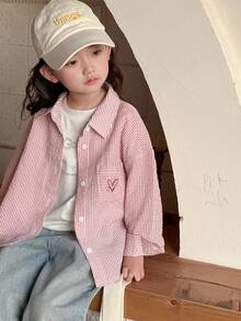 DAZY Young Girl Striped Drop Shoulder Long Sleeve Single-Breasted Casual Pocket Shirt - Pink - View 6