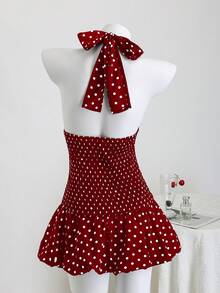 Elamini Black & White Polka Dot Halter Neck Waist Back Cutout Ruffle Hem Mini Dress, Elegant Romantic Cute For Vacation, Beach, Daily Wear, Date, Summer - Red - View 2