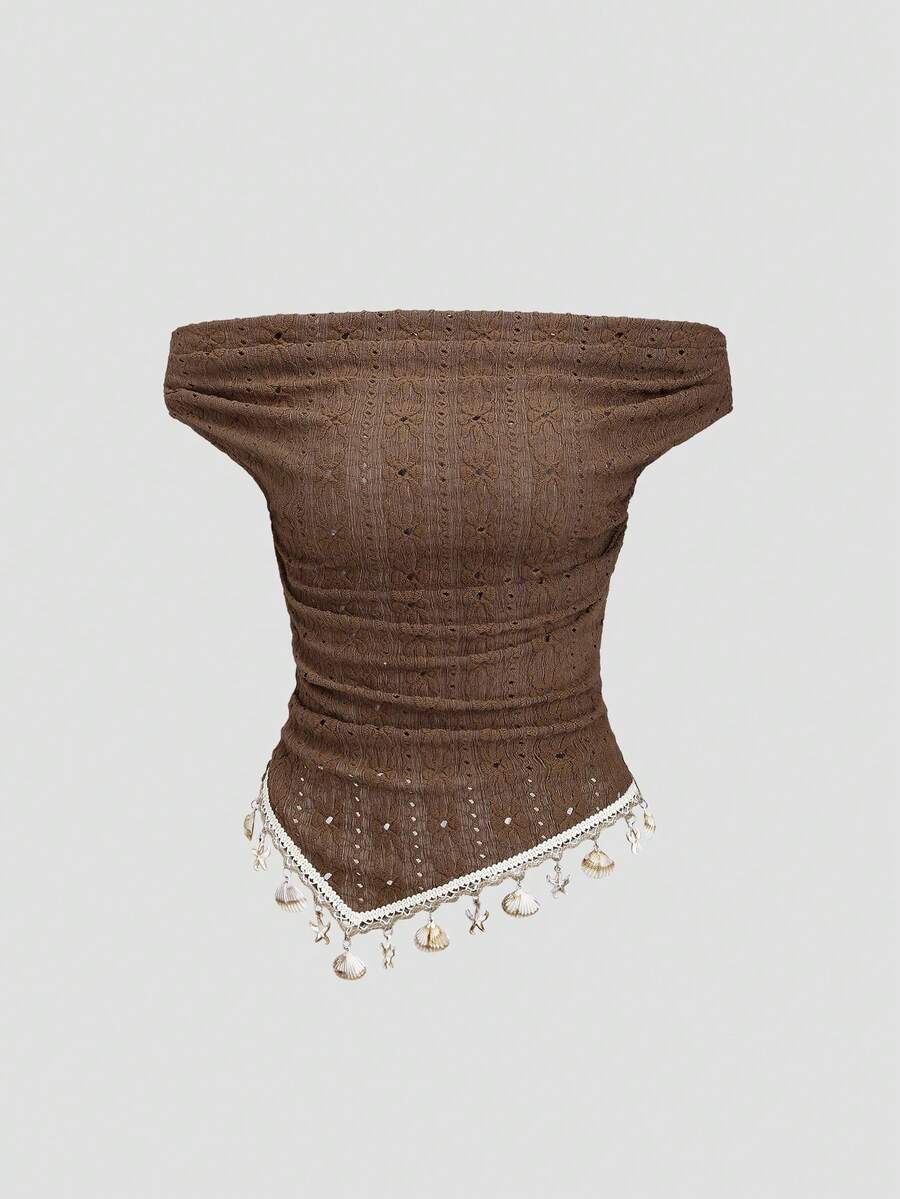 Sweetra 女士新款设计感高街优雅叠层复古纹理流苏简约修身短款不对称棕色T恤上衣，春夏款 - 棕色 - 查看 1