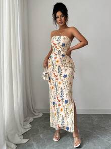 Rafferiza Damen elegantes bodennlanges Bodycon-Wickelkleid mit Rüschen, Blume Muster und Bustier-Oberteil - Aprikosenfarben - Übersicht 6