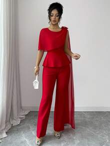 Rafferiza Bộ đồ nữ thanh lịch gồm áo không tay ôm sát và quần ống đứng bằng vải chiffon mỏng họa tiết hoa 3D, thích hợp cho mùa xuân/hè. - Đỏ - Xem 8