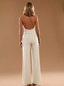 SHEIN BAE 女士纯色深V领露背扭腰设计时尚派对连体裤 - 杏色 - 查看 2