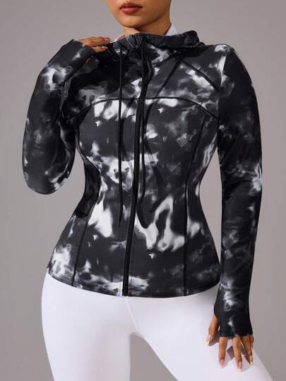 Rhythm Era Plus Size Women Tie-Dye Print Thumb Hole Long Sleeve Zip-Up Drawstring Hooded Fitted Sports Jacket