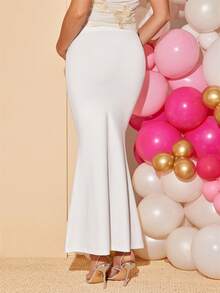 Loomaby Maternity Solid Color Adjustable Waist Elegant Mermaid Skirt,Gender Reveal Dress,Maternity Dress, Baby Shower Dress - White - View 2