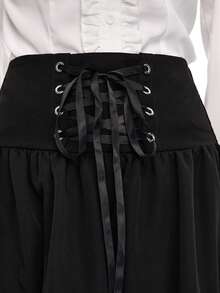 ROMWE Grunge Punk Chân váy nữ kiểu Gothic tối màu Y2K cạp cao in hình lâu đài thắt eo. - màu đen - Xem 8