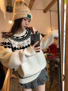 DAZY 女士圆领撞色休闲宽松长袖毛衣，韩版风格，秋冬款 - 白色 - 查看 7