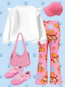 SHEIN | PAW Patrol 2pcs Young Girl Cartoon Cute Puppy Print Pink Knit Loose Sweatshirt And Floral All-Over Print Flared Pants Set, Autumn/Winter - Pink - View 3