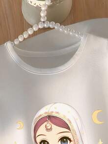 SHEIN 齋月女嬰優雅公主風荷葉袖A字洋裝，適合聚會與派對，月亮燈籠與玫瑰印花設計，輕盈舒適，適合春夏季，時尚休閒穿搭，適用戶外、街拍、開學、野餐、拍照、節慶及禮物 - 白色 - 查看 4