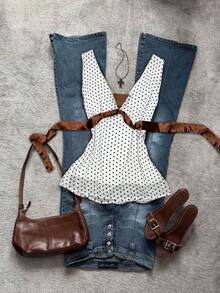 Glimmora Retro Y2K Stil Polka Dot Tiefer V-Ausschnitt Schnürung Taille Crop Top, sexy Satin Patchwork ärmelloses Top für Frauen - Verschiedenfarbig - Übersicht 4