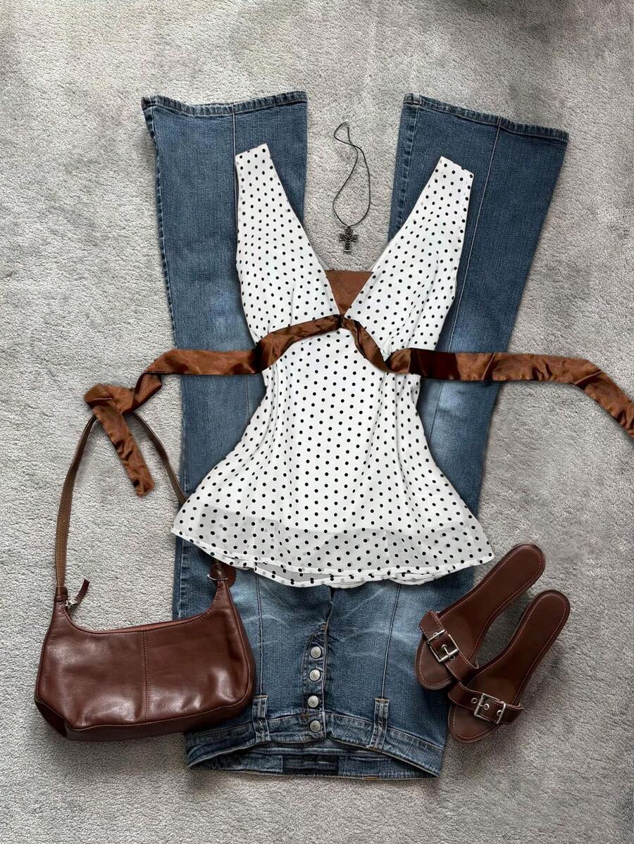 Glimmora Retro Y2K Style Polka Dot Deep V Lace-Up Waist Crop Top, Sexy Satin Patchwork Sleeveless Top For Women - Multicolor - View 1