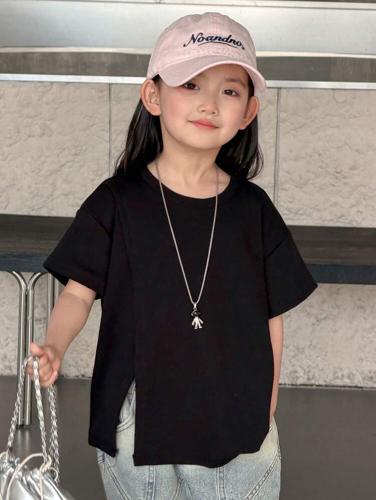 Young Girls Casual Round Neck Split Hem Short Sleeve T-Shirt, Summer Spring