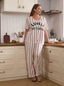 SHEIN Doze Lane Contrast Stripe & Letter Print Casual Crew Neck Short Sleeve Pajama Set - Multicolor - View 3