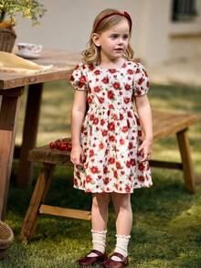 SHEIN Vintage Floral Print Puff Sleeve Dress With Bow Back For Young Girls, Suitable For Spring/Summer And Outdoor Vacation - Red and White - View 3