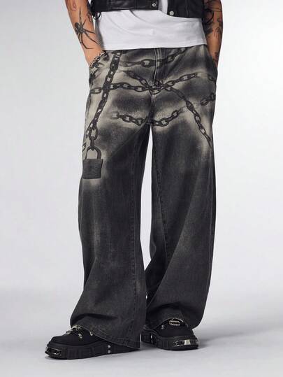 Street Life Jeans casual a vita alta con passanti, taglio dritto e ampio, con stampa digitale curva