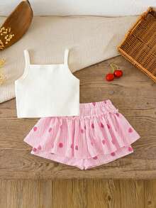 LMoss Kids 2件套女婴针织纯色樱桃刺绣吊带背心和梭织短裤套装 - 彩色 - 查看 2