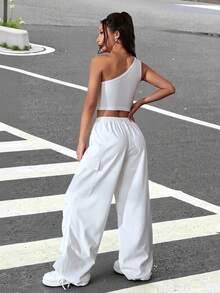 SHEIN EZwear 單肩短款上衣和腰部抽繩側翻蓋口袋工裝褲