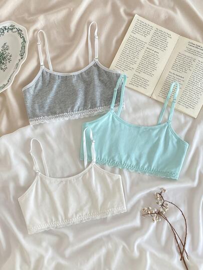 3件套少女简约纯色蕾丝边舒适文胸套装