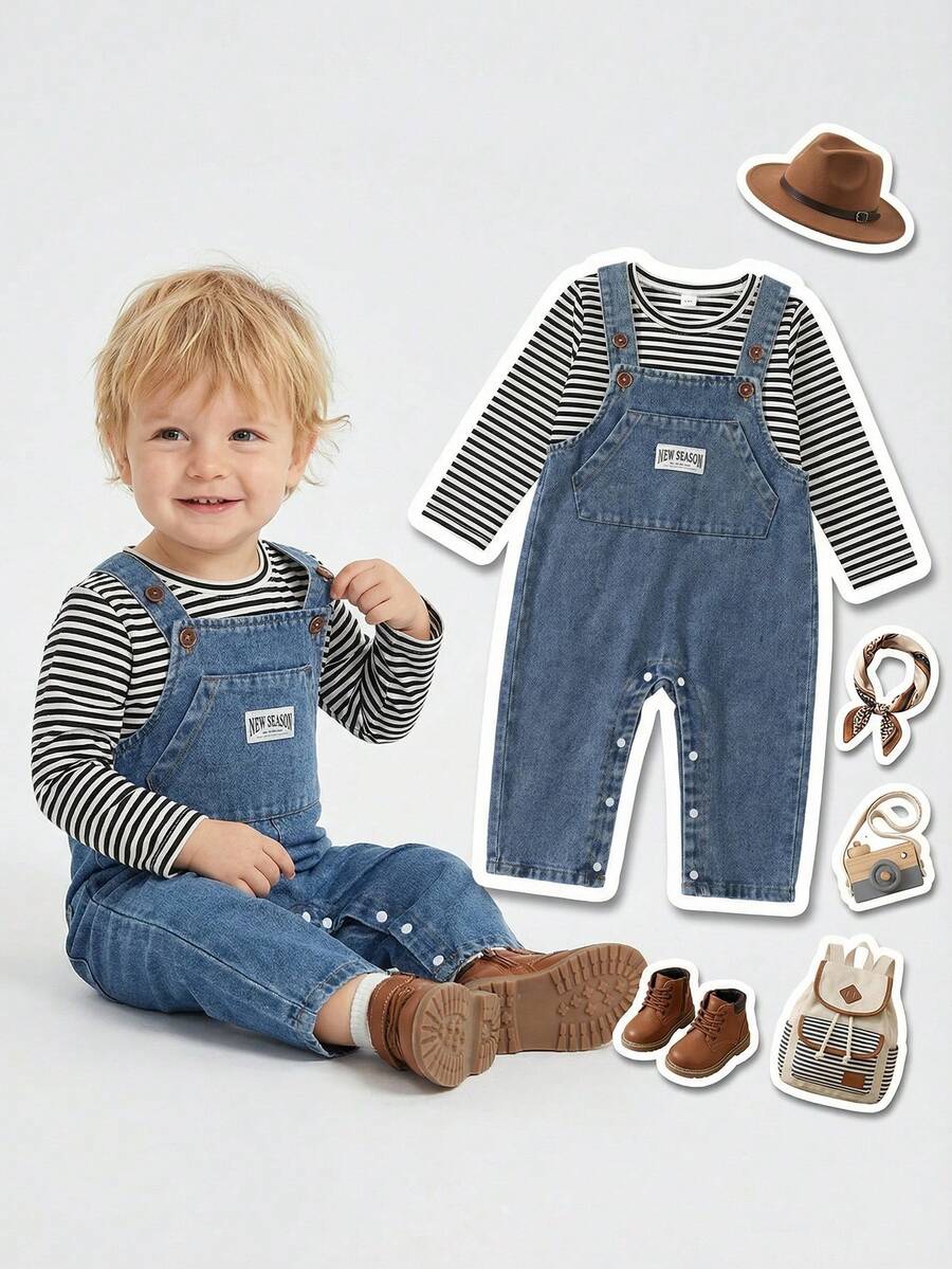 SHEIN Bộ đồ liền thân denim rộng rãi, đa năng cho bé trai - Nhiều màu - Xem 1
