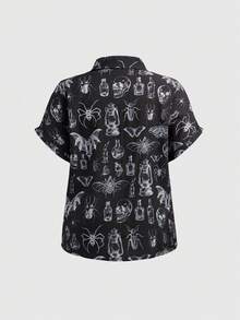 ROMWE Goth Camisa casual vintage de talla grande para mujer con estampado de calavera y mariposa gótico