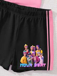 Bộ 2 món quần short tay ngắn tối giản phong cách Dopamine Color dành cho bé gái tuổi teen, in hình hoạt hình cô gái K-POP, thích hợp cho mùa hè. - Nhiều màu - Xem 6