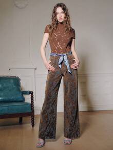 Anewsta 高腰阔腿牛仔裤，植绒提花设计，宽松显瘦直筒裤型，女士秋季款 - 彩色 - 查看 3