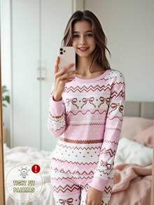 青少年女孩睡衣套装，可爱蝴蝶结印花针织贴身长袖上衣和裤子，秋冬 - 粉色 - 查看 1