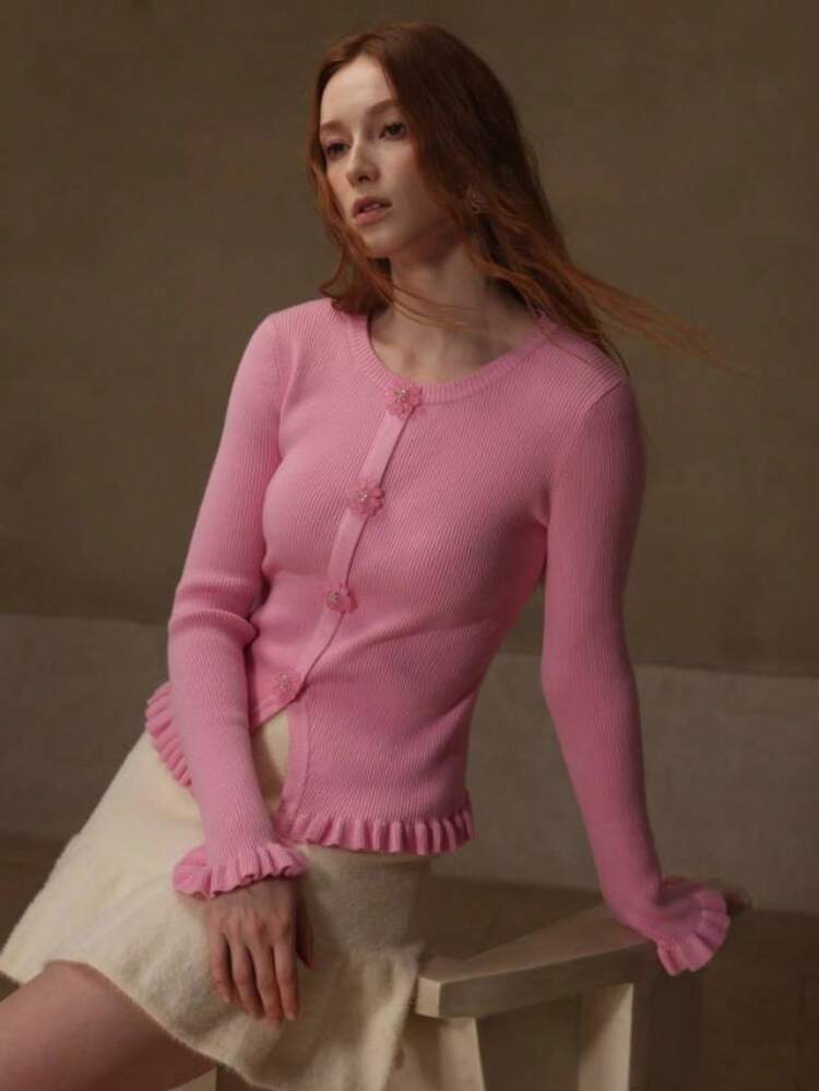 RHINESTONE BEADED DETAIL FLARE SLEEVE RUFFLE HEM SLIM FIT SWEATER