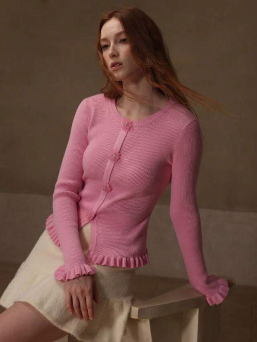 MOTF PREMIUM RHINESTONE BEADED DETAIL FLARE SLEEVE RUFFLE HEM SLIM FIT SWEATER - Baby Pink - View 1