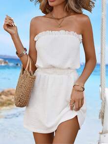 Swim Vcay Women's Summer Beach Solid Color Frill Waist Textured Vacation Dress,Elegant Dresses, Easter Dresses, Casual Dresses, Vacation Dresses, Country-Style Dresses, Holiday Dresses, White Dresses, Summer Beachwear, Wedding Outfits, Music Festival Outfits, Street Style, Summeroutfit - White - View 3