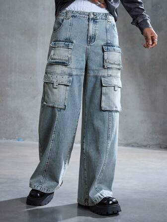 Street Life بنطلون جينز أزرق فضفاض عصري متعدد الاستخدامات للرجال