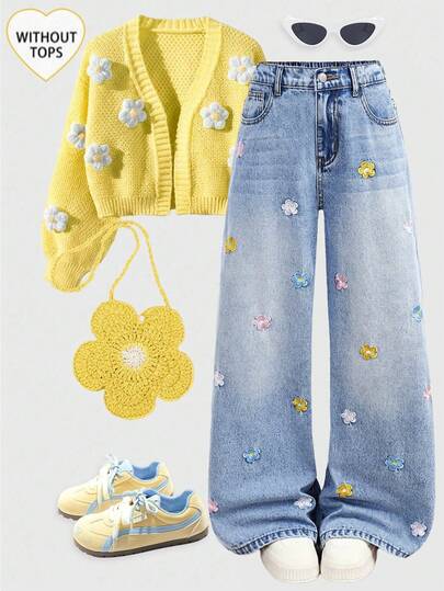 Girlism Tween Girl Casual Soft Cute Colorful Flower Embroidered Loose Blue Denim Baggy Jeans Fall Winter Spring Summer,For Girls Fall/Winter Dailywear,Girls Streetwears,Girls Christmass,Girls New Year,Thanksgiving For Boys,Stylish Collection,Winter Jeans,Warm Jeans,Summer Jeans,Flower Jeans,Elegant Jeans For Girls,Casual For Girls,Spring Jeans