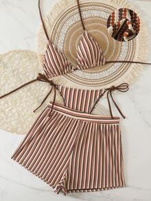 SHEIN Swim 3pcs Women's Blue And White Stripe Textured Swimwear Set, Minimalist Boho Summer Beach Holiday Resort Style Vacation Striped Shorts Set - Multicolor - View 1