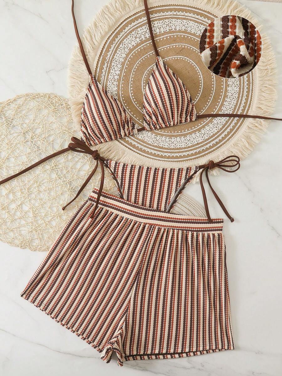 SHEIN Swim 3pcs Women's Blue And White Stripe Textured Swimwear Set, Minimalist Boho Summer Beach Holiday Resort Style Vacation Striped Shorts Set - Multicolor - View 1