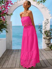 Vivid Eden 女士无肩带镂空荷叶边露脐上衣和半身裙休闲度假套装，纯色/格子/条纹/休闲款 - 玫紅色 - 查看 6