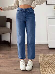 EURMUSE Blue Versatile Minimalist High Waist Casual Mom Jeans - Blue - View 3