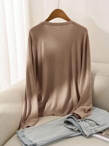 CosyJoli 秋冬大码女式休闲宽松纯色纽扣长袖开衫 - 駝色 - 查看 2