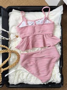 SHEIN Tween GirlsSolid Color Special Fabric Two Pieces Swimsuit, Snug Fit & Tummy Covering, Beach Outfit Pink Tankini Little Girl Swimwear Little Girl Tankini Swimsuit Tween Pink Tankini Pink Bow Swimsuit Kids Criss Cross One Piece Bathing Suits For Tween Girls - Pink - View 2