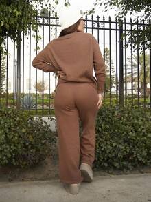 Lupita Cardoza Brown Sweater Fall Women Clothes Old Money Autumn Women's Solid Color Round Neck Raglan Sleeve Long Sleeve Sweater And Drawstring Waist Knit Pants Casual Suit Brown Two Piece Set Comfortable Two Piece Set, - Camel - View 2
