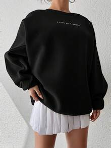EURMUSE 100%Cotton Slogan Pattern Drop Shoulder Sweatshirt - Black - View 3