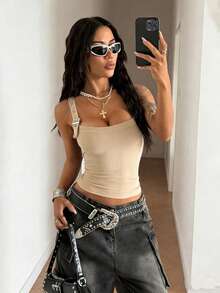 StreetHx Women's Solid Color Eyelet Buckle Design Fitted Camisole - Apricot - View 3