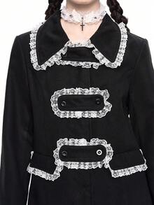 ROMWE Gothic Style Fitted Lace Trim Open Front Mid-Length Wool Blend Coat - Black - View 2