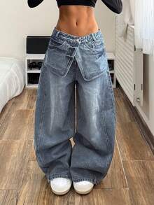 StreetHx 女士叠层设计口袋阔腿宽松休闲牛仔裤 - 藍色 - 查看 8