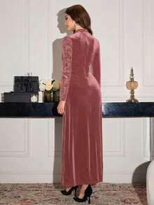 Modelyn 优雅黑色丝绒水钻缎带连衣裙，女士秋冬款 - 粉色 - 查看 2