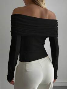 DAZY Women's Off Shoulder Fitted T-Shirt, Autumn/Winter New Arrival Long Sleeve - Black - View 2