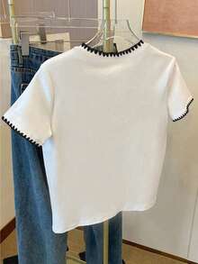 Resyla 女士上衣，爱心印花宽松休闲撞色条纹圆领T恤，送给女友闺蜜的礼物，2026春夏新款 - 白色 - 查看 2