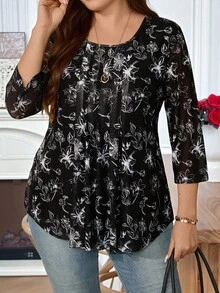EMERY ROSE Áo nữ cỡ lớn thời trang thường ngày mùa thu/đầu xuân, họa tiết hoa đen, tay lửng, kiểu dáng giản dị, thích hợp đi nghỉ mát, áo nữ cỡ lớn, áo kiểu babydoll, áo hoa đen, đi chơi, mẫu mới 2026, đơn giản và thời trang cho buổi tối, đầu xuân, kỳ nghỉ, ngày lễ, mùa xuân, ngày Valentine, áo kiểu cỡ lớn, áo kiểu họa tiết hoa cỡ lớn, áo nữ cỡ lớn thường ngày. - Đen và trắng - Xem 5