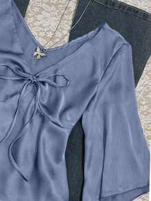 Airaco 女士优雅通勤纯色系带衬衫 - 藍色 - 查看 3