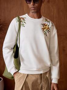 AKNOTIC Áo nỉ nam cổ tròn thêu họa tiết, dáng rộng, kiểu dáng thường ngày, áo nỉ in hình cho nam, áo len nam, áo nỉ thêu họa tiết, áo len nam thêu hoa, áo nỉ nam in hoa, áo nỉ nam thêu hoa. - trắng - Xem 3