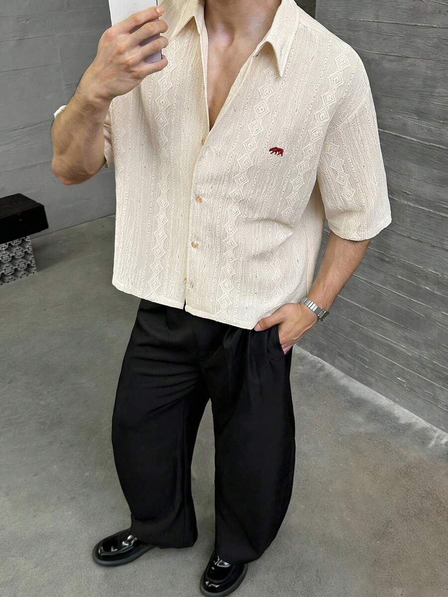 ESTAVOR Men's Casual Loose Fit Jacquard Drop Shoulder Short Sleeve Shirt, Beige Men Linen Outfit Beige Button Up Men Japanese Shirt Men